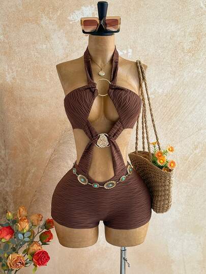 Soleia Nuevo atuendo casual de vacaciones para invitados a bodas en la playa, brunch de graduación, Día de San Patricio, Spring Break, festival de música de Pascua, elegante mono bohemio tropical de San Valentín Navidad con diseño recortado metálico y espalda descubierta