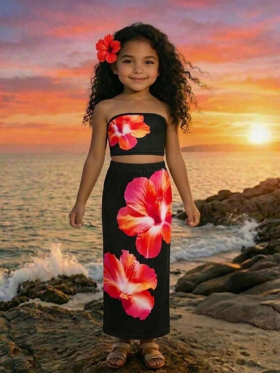 SHEIN Conjunto informal de top de tirantes con estampado floral y minifalda con estampado floral para niña en vacaciones - Negro - Ver 1