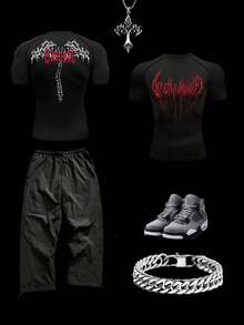 Manfinity Sport Corelite 男士哥特风印花T恤和运动裤套装 - 黑色 - 查看 2