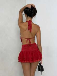 SHEIN Glamour 红色露背性感V领无袖不对称迷你裙两件套，节日派对嘉年华套装，街头风，女士夜店套装，约会套装，女士生日套装，尽显优雅气质，派对必备，复古风，都市舒适，复古时尚，露背上衣套装 - 紅色 - 查看 2