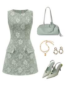 Ellevyn Women's Round Neck Jacquard Elegant Waist Fitted Mini Dress, Suitable For Dates And Parties - Mint Green - View 1