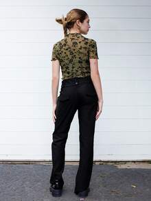 Ananda Vibes Women Plain Color Casual/Fashionable Outing/Versatile Casual/Old Money Style Patch Pocket Wide Waistband Simple Commute Office Low-Waist Loose Wide Leg Pants, Autumn/Winter Women Pants, Pants, Women's Dress Pants, Work Wear, Vintage Style Leopard Print - Black - View 2