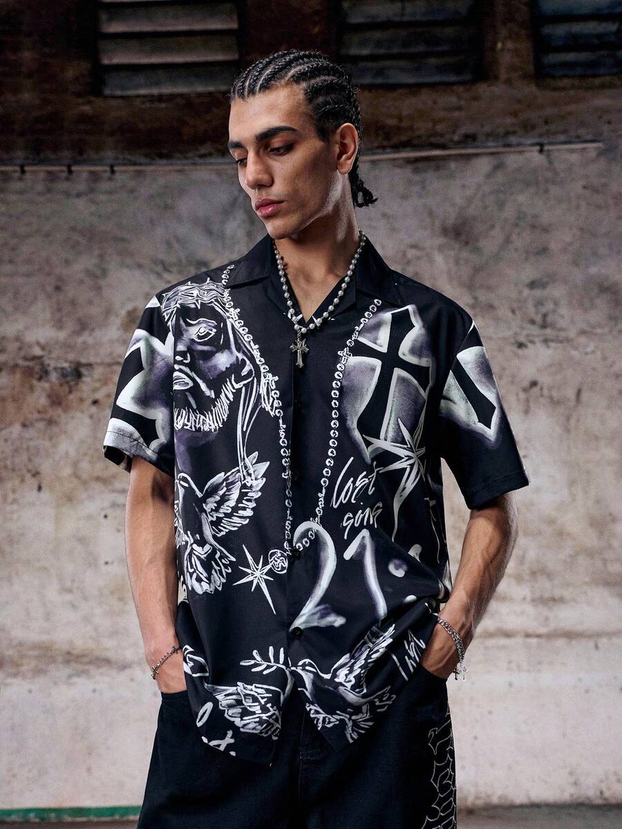 Camisa de hombre negra y blanca con estampados florales, cruciforme abstracto, rostro y pájaros - Negro - Ver 1