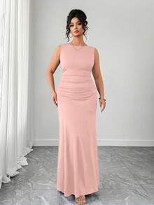 Elenzga Women's Elegant Sleeveless Round Neck A-Line Dress, Waist Ruched Design, Solid Knit Fabric - Pink - View 6