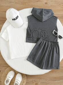SHEIN 3pcs/Set Young Boys Casual Street-Style Summer Outfits,Soft Printed Vest,Light Grey Round Neck Short Sleeve T-Shirt,And Cargo Pocket Shorts Tracksuits - Grey - View 3