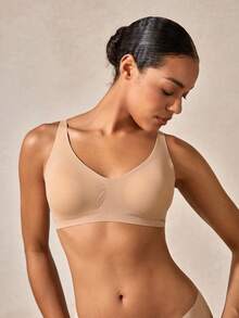 Veilyse 1pc Wireless Seamless Solid Color Comfortable Wide Strap Ladies Brafor Summerfor Summer - Apricot - View 8