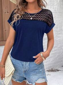 EMERY ROSE Women's Round Neck Lace Patchwork T-Shirt Graphic Tees Women Tops - Navy Blue - View 4