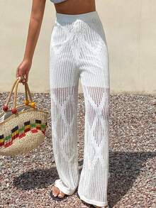 Livesso Pantalones anchos de uso diario de verano para mujer, de unicolor y con diseño hueco, versátiles y casuales - Blanco - Ver 5