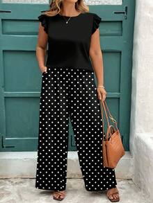 EMERY ROSE Retro Polka Dot Print Casual Minimalist Plus Size 2 Pieces Set - Multicolor - View 1