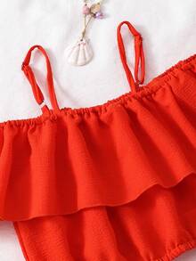 SHEIN Sparklyn 2pcs Tween Girls Orange One-Shoulder Crop Top & Tropical Leaf Print Shorts Set, Spring/Summer Holiday - Orange - View 3