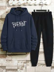 EURMUSE Men Letter Printed Regular Hoodie Set - Navy Blue - View 2