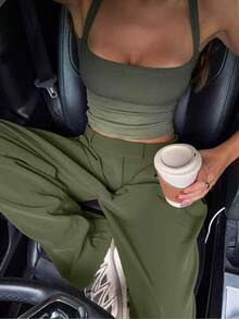 Zyxie 女士休闲舒适吊带背心和裤子两件套 - 軍綠色 - 查看 2