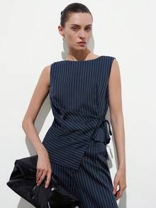 Aveloria Modichic Women's Two-Piece Set Navy Blue,Summer,Elegant,Office Worsted Suit Fabric Slim Fit Waist Strapped Wrap Asymmetric Hem Mock Neck Sleeveless Pants Set - Blue - View 2