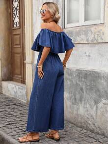 Brillora Bộ jumpsuit denim ống rộng trễ vai bèo nhún phong cách thường ngày mùa hè dành cho nữ - Rửa tối - Xem 2