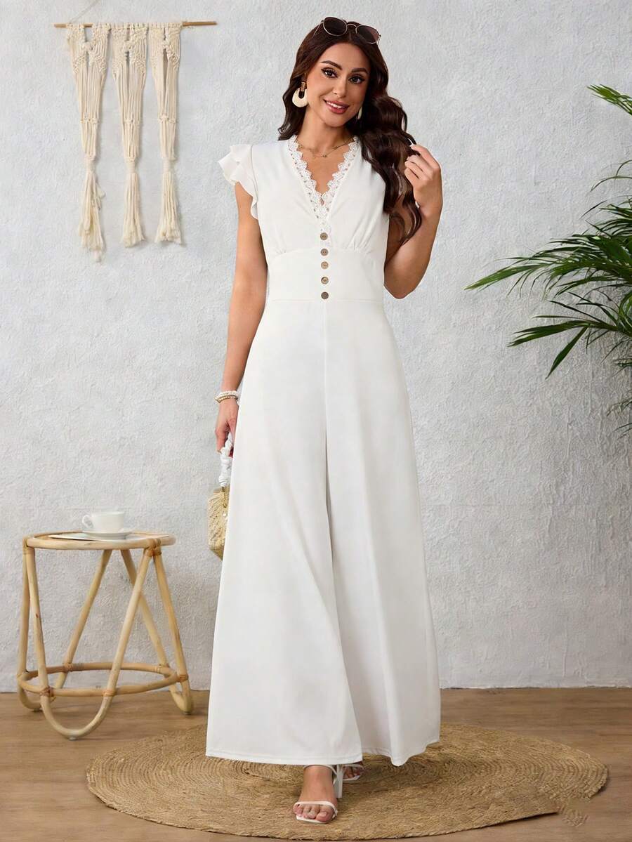 Mono Palazzo Elegante Liso Con Volantes Para Mujer De Hueco Y Empalme De Encaje Para Primavera y Verano - Blanco - Ver 1