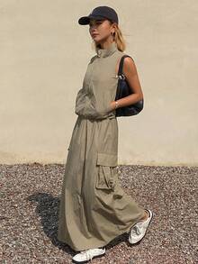 DAZY Damen Set aus einfarbiger locker sitzender ärmelloser Weste und A-Linien Cargo Maxirock, geeignet für Frühling/Sommer Sport & Urlaub - Khaki - Übersicht 5