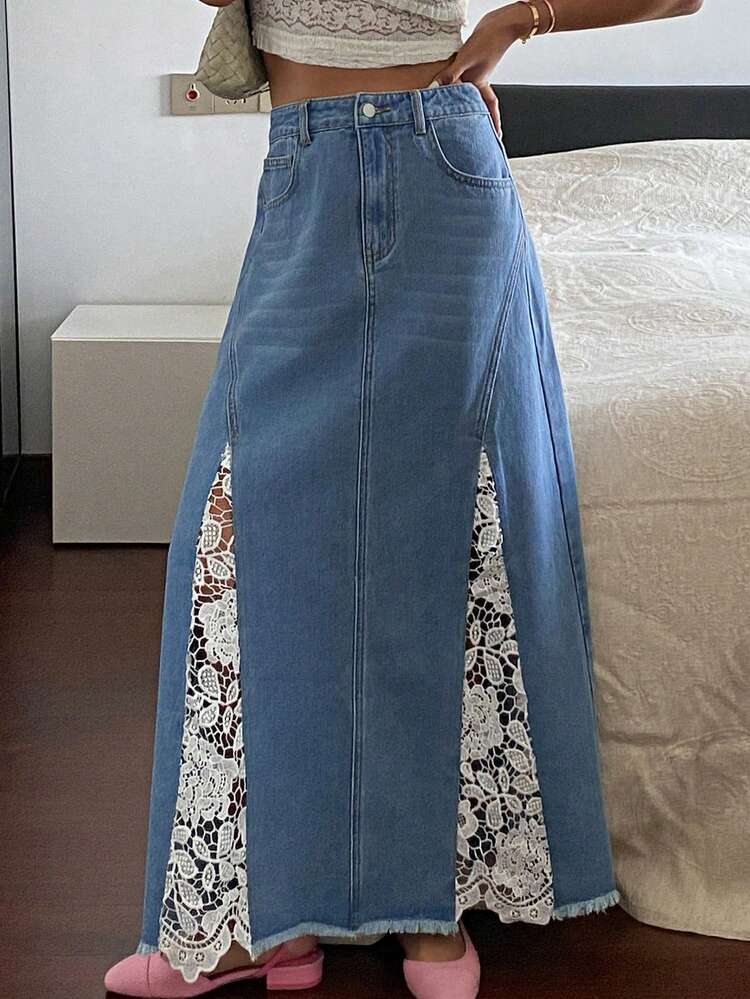 Western Cowgirl Contrast Lace A-Line Skirt, Casual Vacation Summer Denim Skirt For Women