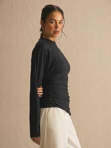 MUSERA Cinched Ruched Waist Batwing Long Sleeve Top Spring Summer Cute Cosy Cottage Core Spring Dew Spring Outfit - Black - View 3