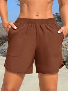 Swim Vcay Women's Solid Color Elastic Waist Pocket Beach Shorts - Brown - View 4