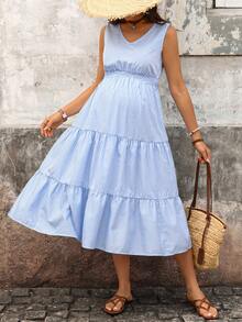 Boho Mama 孕妇休闲度假风蓝白条纹荷叶边无袖连衣裙 - 藍色 - 查看 10