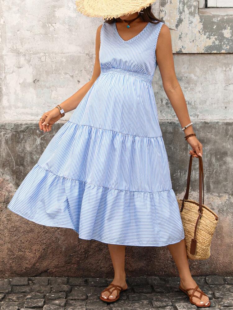 Boho Mama Đầm bầu không tay kẻ sọc xanh trắng dáng bèo nhún, phong cách thường ngày đi nghỉ mát. - Màu xanh lam - Xem 10