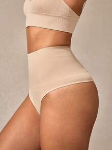 Veilyse High Waisted Tummy Control Rib Knit Shapewear Thong For Women Comfortable Everyday Wearfor Summer - Beige - View 5