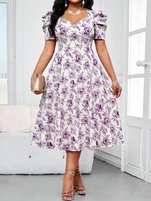 SHEIN Lady 大码女士时尚优雅甜心领花瓣袖连衣裙 - 彩色 - 查看 1