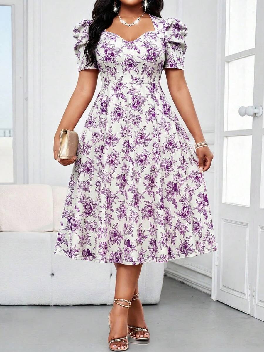 SHEIN Lady 大码女士时尚优雅甜心领花瓣袖连衣裙 - 彩色 - 查看 1