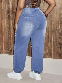 SHEIN Unity Plus Size Ripped Slant Pocket Loose Casual Jeans Brown Spring - Blue - View 2