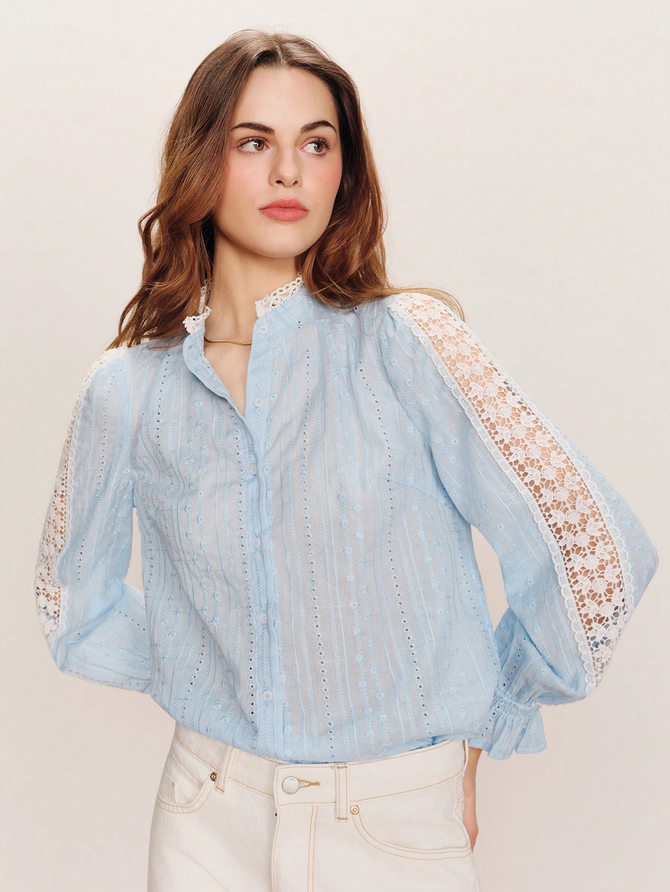 Blue Loose Fit Broidery Blouse With White Lace Trim Details, Wear To Work Blouse, All Seasons