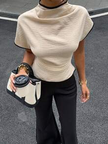 de mujer para oficina de fibra de bambú con cuello arrugado, manga asimétrica, fruncido lateral en la cintura, acabado en contraste, apta para todas las estaciones - Albaricoque - Ver 2
