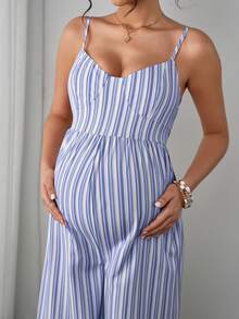 Momance 女士休闲无袖蝴蝶结连体裤，孕妇适用，春夏款 - 藍色 - 查看 8