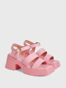 Sugerpunk Giày sandal nữ mùa hè kiểu dáng retro mũi vuông, màu hồng nhạt với chữ "Muffin" và đế xuồng. - Hồng - Xem 2