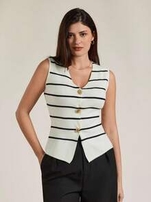 Briarwyn Women's Casual Commuter Sleeveless Striped Knit Top, Summer - White - View 1