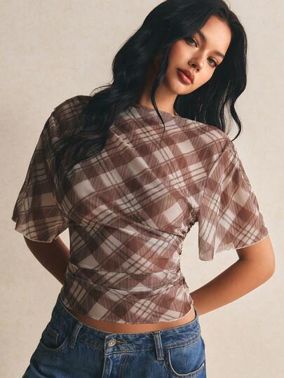 Poéselle Women's Casual Plaid Ruched Waist T-Shirt, Brown Top, Elegant Women's Blouses,Work Tops For Women,Casual Blouses For Women ,Summer Top,Going Out Top,Office Outfits For Women,Holiday Outfits For Women,Suitable For Office, Weekend Getaways, And Travel,Spring/Summer