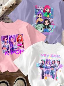 Set de 3 camisetas básicas de manga corta con estampados gráficos de símbolos de música, corazones y letras de un grupo virtual de chicas, en colores negro/rosa/morado, cómodas para uso diario, adecuadas para primavera, verano y otoño - Multicolor - Ver 3