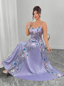 Elenzga Plus Size Watercolor Floral Print Crew Neck A-Line Asymmetric Hem Slip Dress, Elegant For Valentine's Day Outing, Party, Afternoon Tea, Vacation - Mauve Purple - View 3