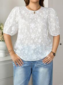 SHEIN LUNE Áo kiểu nữ cỡ lớn, màu trơn, tay phồng, thêu họa tiết rỗng, phong cách phương Tây, Boho Bohemian thập niên 90, áo mùa hè, áo phong cách Boho cổ điển, áo mùa xuân, áo dự tiệc rave, áo trắng thêu lỗ. - trắng - Xem 6