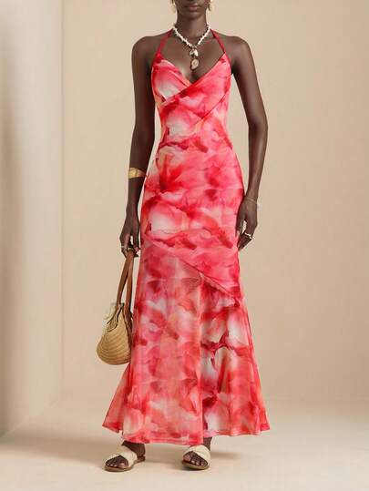 Vesra 针织网眼扎染印花收腰修身连衣裙，优雅度假风女装