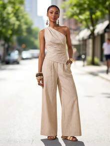 Women's New Elegant Asymmetrical Shoulder Top & Wide-Leg Pants With Pockets Striped 2 Pieces Set Office Outfits For Women S Women Buisness Casual Women Outfits Summer Work Outfits For Women Pinterest Outfit Chic Outfit Chic Outfits Women Work Outfits For Women - Apricot - View 4