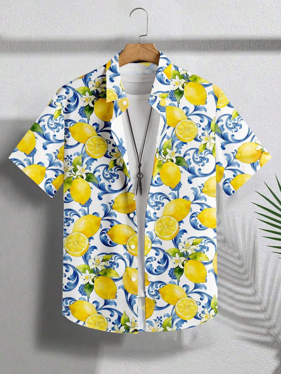 VIVINTIMO Men's Lemon Fruit Allover Print Casual Shirt,European Printed Pattern,White And Blue Floral,Summer,Boho,Holiday,Vacation,Holiday,Fresh Comfortable - Multicolor - View 1