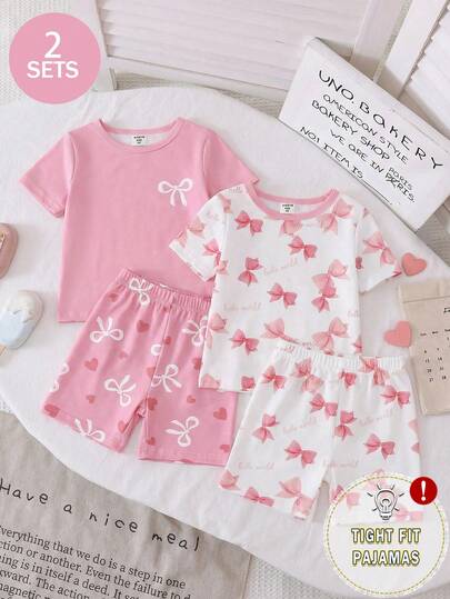 2件套 女童可爱粉色蝴蝶结印花针织弹力柔软舒适圆领短袖上衣和短裤睡衣套装