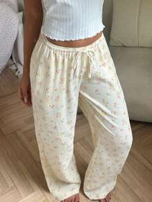 CovetEZ Quần ống rộng màu mơ in hoa, chất liệu 100% cotton, bộ đồ vải lanh thường ngày lãng mạn dành cho nữ, mùa hè. - Màu be - Xem 6