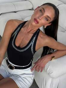 Lavishia Áo liền thân gợi cảm đính hạt cườm thời trang dành cho nữ, thích hợp cho mùa hè. - màu đen - Xem 7