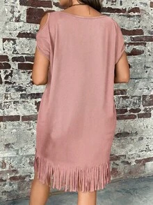 EMERY ROSE Đầm trễ vai màu trơn dáng rộng, cỡ lớn, có tua rua ở gấu váy. - Màu Hồng  San hô - Xem 2