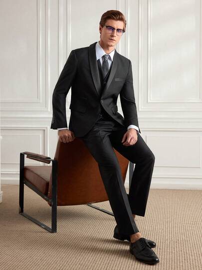 Officeau 3 件男士时尚商务纯色修身弹力西装套装，包括西装外套、背心和裤子，工作正装西装