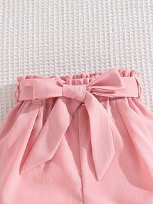 SHEIN Genkimix Kids 2件套幼儿女童无袖外套配蝴蝶结腰带和短裤休闲时尚套装，日常穿着，姐妹装（2套单独出售） - 粉色 - 查看 5