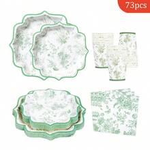 绿色花朵造型方形花瓣一次性餐盘、餐巾纸、纸杯套装，一次性派对用品套装，适合16位客人，适用于生日、婚礼、主题派对、家庭野餐等场合，一次性餐盘派对餐具 - 查看 1