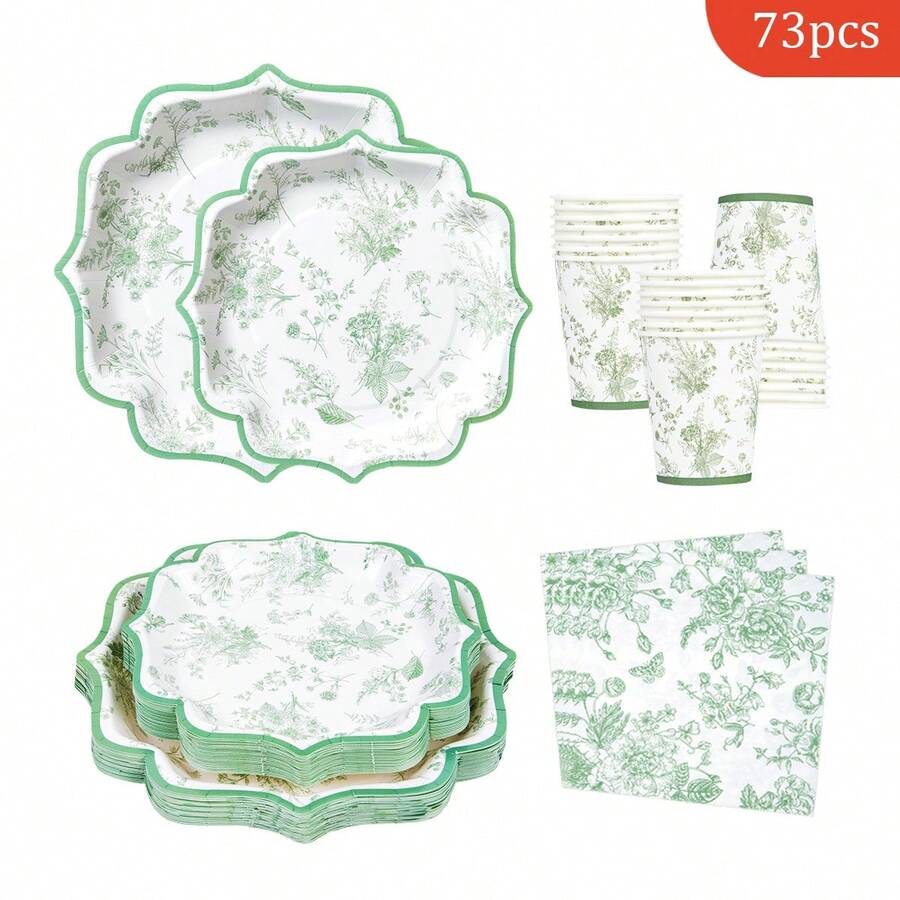 绿色花朵造型方形花瓣一次性餐盘、餐巾纸、纸杯套装，一次性派对用品套装，适合16位客人，适用于生日、婚礼、主题派对、家庭野餐等场合，一次性餐盘派对餐具 - 查看 1