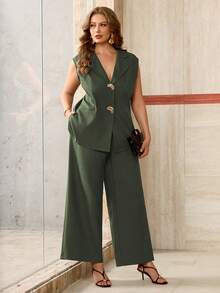 Roveilla Plus Size Dark Green Summer Elegant Formal Work Pant Suits For Women,Sleeveless Jacket Blazer With Metal Buckle & High Waist Loose Straight Leg Pants - Army Green - View 4